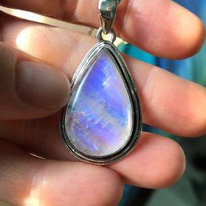 Rainbow moonstone teardrop silver necklace